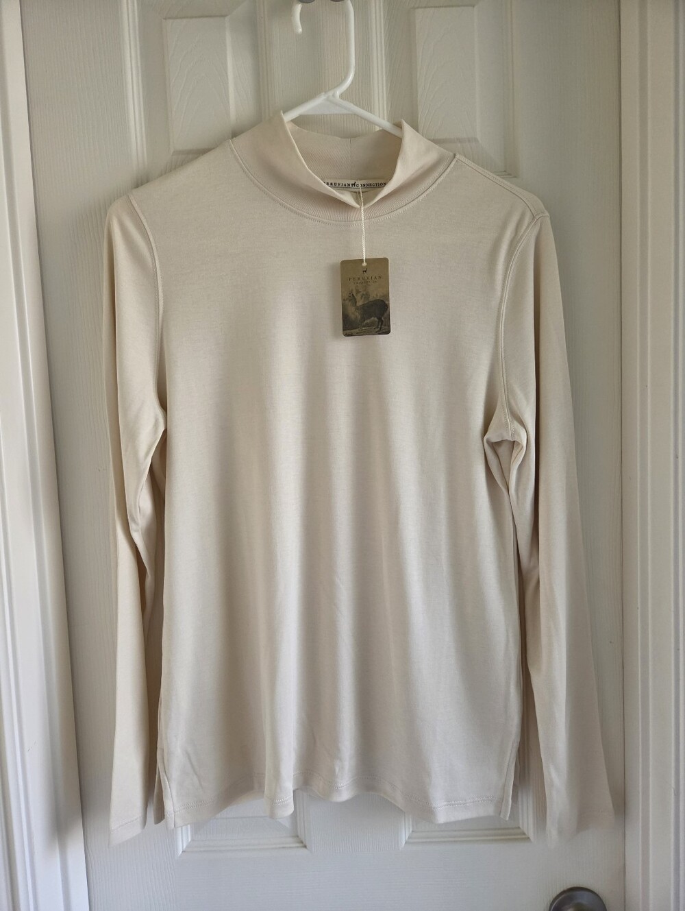Peruvian Connection Cream Pima Cotton Mockneck Top Long Sleeve Ivory M - Picture 2 of 6